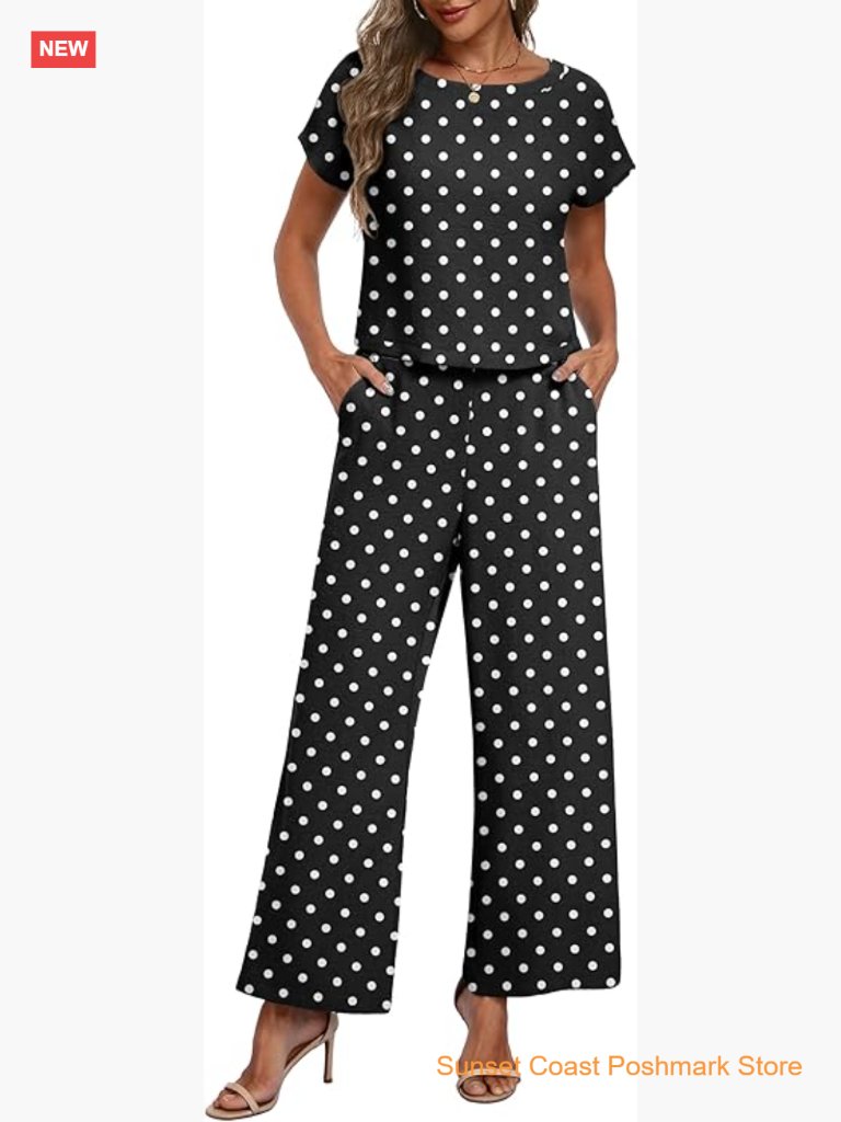Cap Sleeve Crop Top And Wide Leg Pants 2 Piece Lounge Set With Pockets Travel